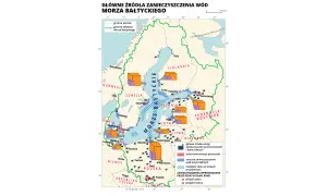 Mapa Morza Bałtyckiego z zaznaczonymi źródłami zanieczyszczeń i granicami państw.