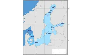Mapa pokazuje **zasolenie Bałtyku**. Najwyższe zasolenie (30‰) występuje przy cieśninach duńskich, a najniższe (3‰) w Zatoce Botnickiej.