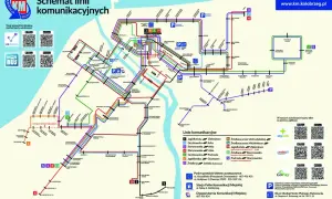 Schemat linii komunikacyjnych Kołobrzegu z zaznaczonymi trasami autobusów i przystankami.