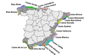 Mapa Hiszpanii z zaznaczonymi wybrzeżami i ich nazwami, np. Costa Brava, Costa del Sol.