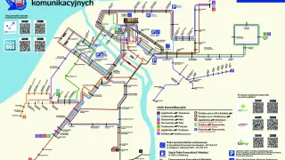 Schemat linii komunikacyjnych Kołobrzegu z zaznaczonymi trasami autobusów i przystankami.