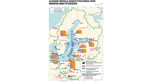 Mapa Morza Bałtyckiego z zaznaczonymi źródłami zanieczyszczeń i granicami państw.