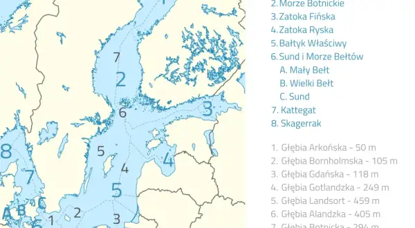 Mapa Morza Bałtyckiego z zaznaczonymi regionami i głębiami.
