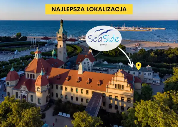 Widok z lotu ptaka na Sopocką plażę, morze, molo i zabytkowe budynki.