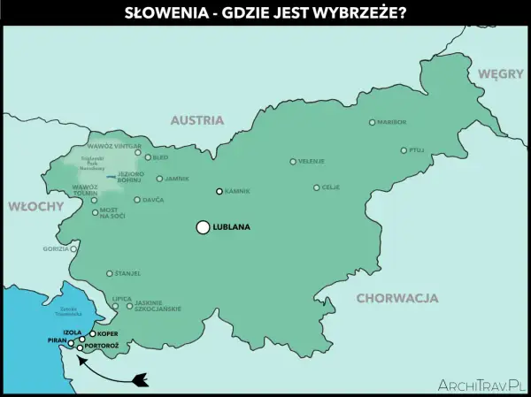 Mapa Słowenii z zaznaczonym wybrzeżem i miastami: Piran, Izola, Koper, Portorož.