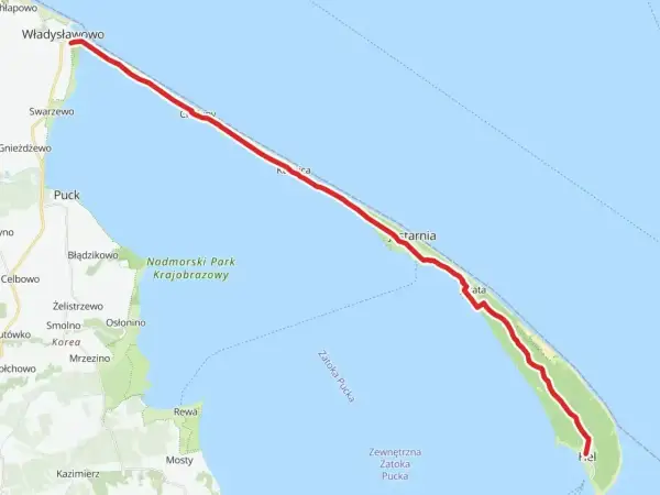 Mapa z zaznaczoną trasą rowerową od Władysławowa do Helu wzdłuż wybrzeża.