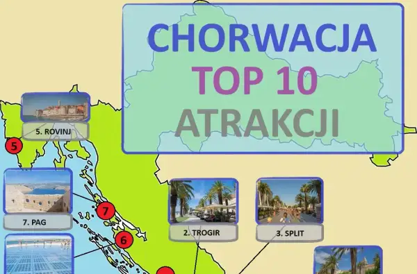 Mapa Chorwacji z zaznaczonymi atrakcjami: Rovinj, Pag, Trogir, Split.