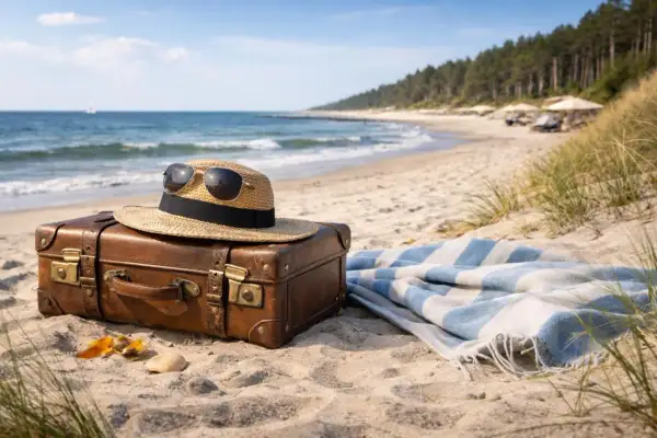 Walizka, słomkowy kapelusz z okularami przeciwsłonecznymi i ręcznik na piaszczystej plaży nad Bałtykiem.