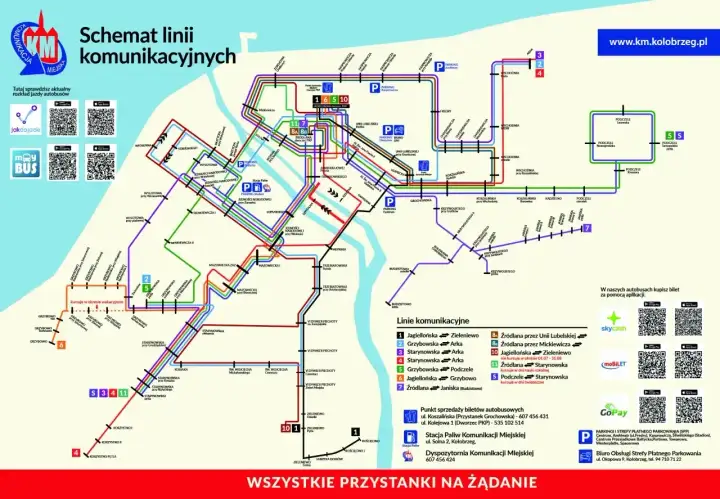 Schemat linii komunikacyjnych Kołobrzegu z zaznaczonymi trasami autobusów i przystankami.